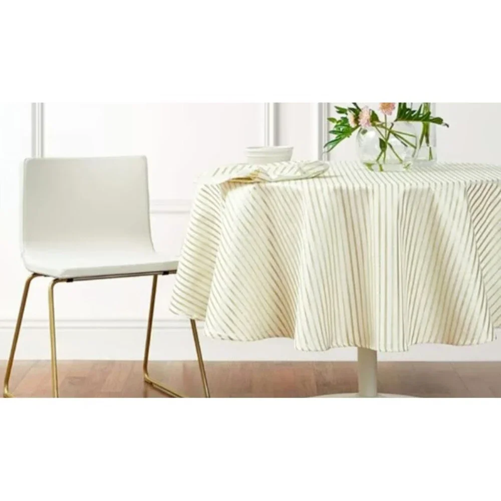 kate spade Harbour Drive Fabric Tablecloth Gold White Stripe Summer 70Rd